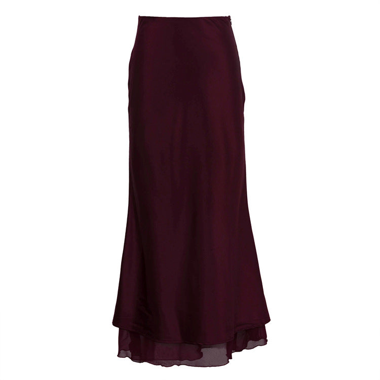 Satin Stitching Mesh Double-layer Sheath Skirt