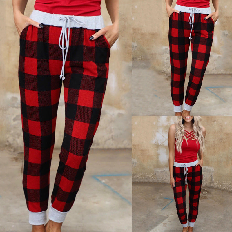 Christmas Print Plaid Lace-Up Slacks