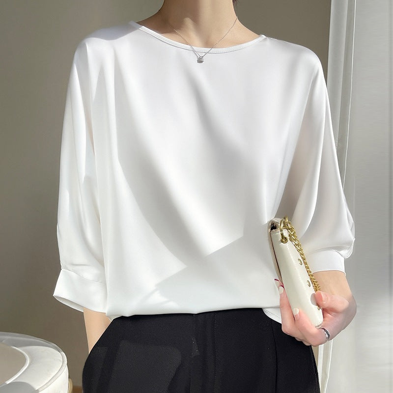 Dame Rund Hals Morbærsilke Løs Satin Kort Is-silke T-shirt Top