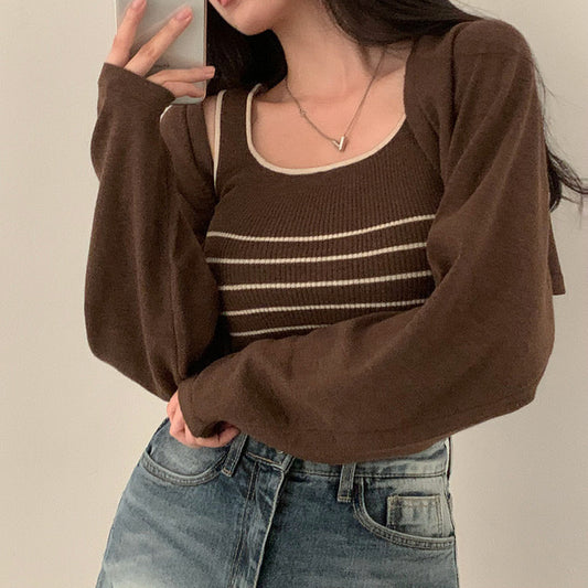 Retro Slim Fit All-matching Striped Knitted Vest Long Sleeve Shawl Sweater Coat