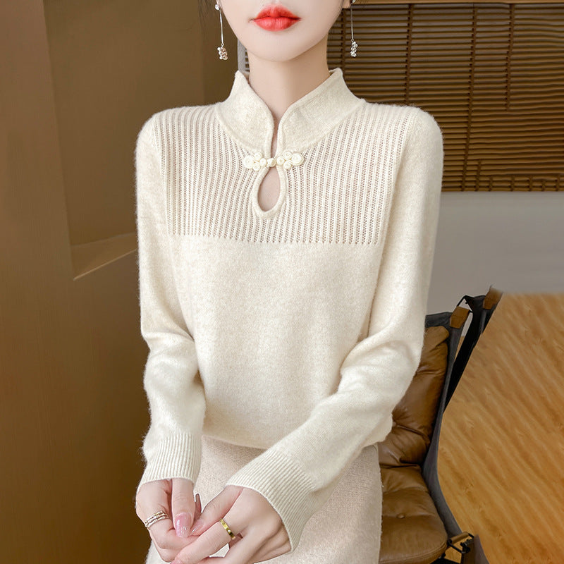 Chinese Style Retro Buckle Stand Collar Sweater For Women