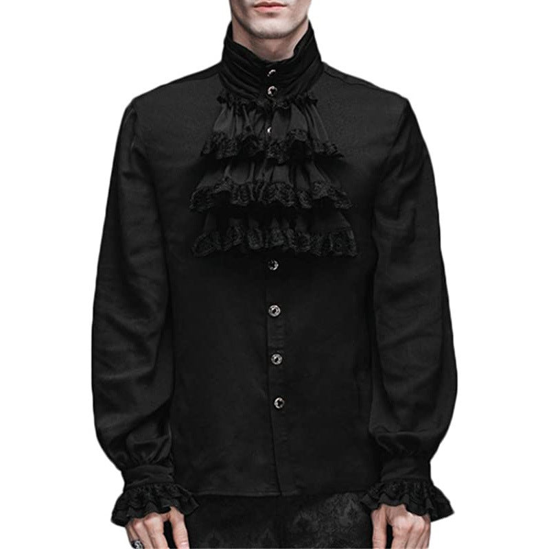 Mens Gothic Ruffle-Trimmed Stand-Up Collar Long-Sleeve Tie Shirt