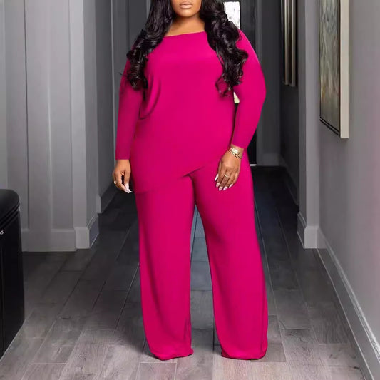 New Casual Plus-size Comfortable Solid Color Asymmetric Two-piece Set