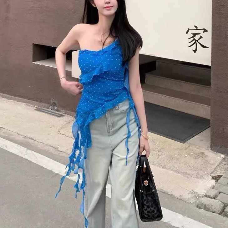 Dame uregelmæssig blå prikket off-shoulder tanktop