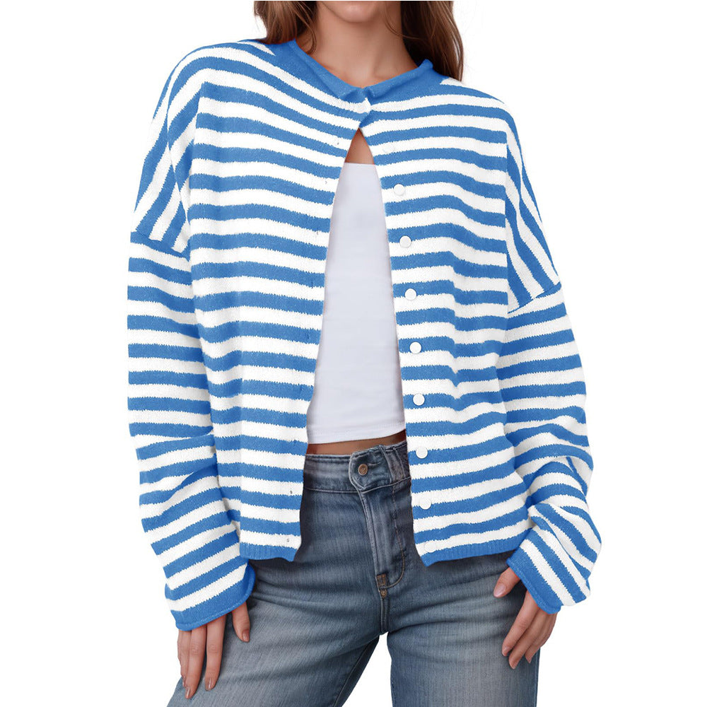 Women's Striped Contrast Color Sweater Long Sleeve Casual Cardigan