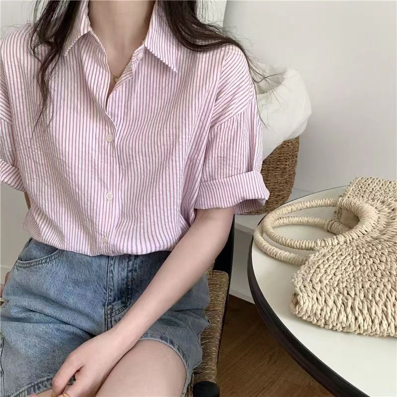 Women's Short-sleeve Blue Striped Shirt