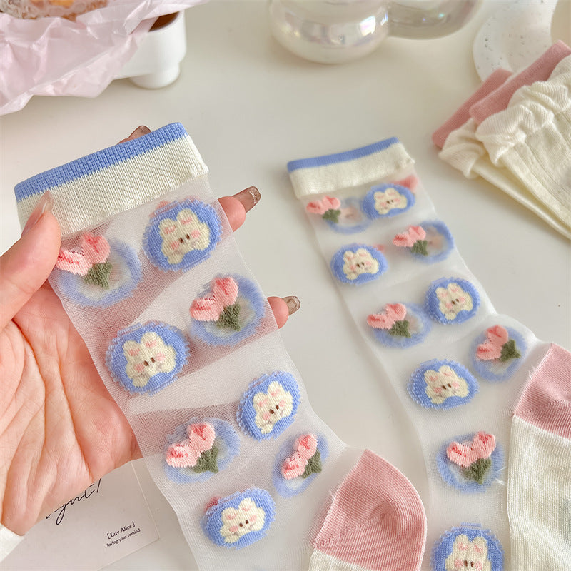 Pink Blue Tulip Glass Silk Pile Socks For Ladies