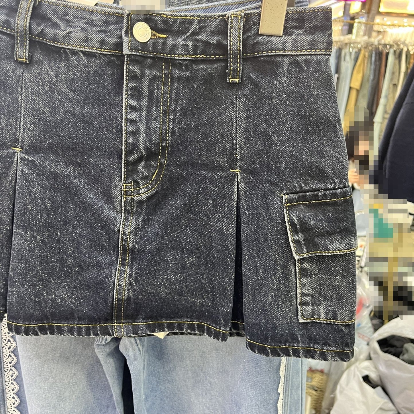Hong Kong Style Retro A- Line Denim Skirt High Waist Pleated