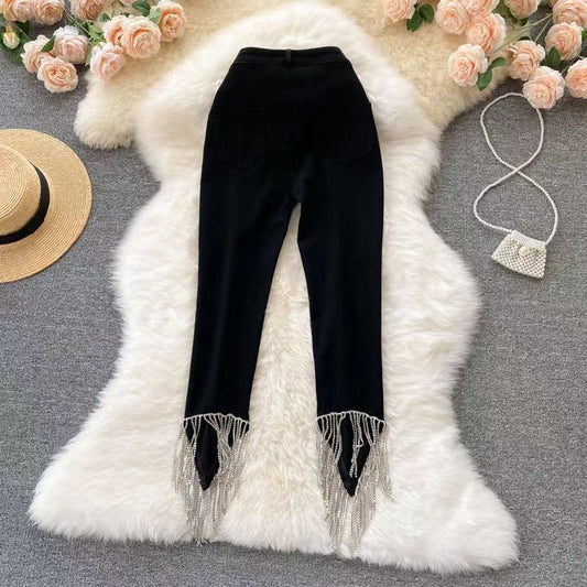 Design Sense Skinny Pants Women's Diamond Chain