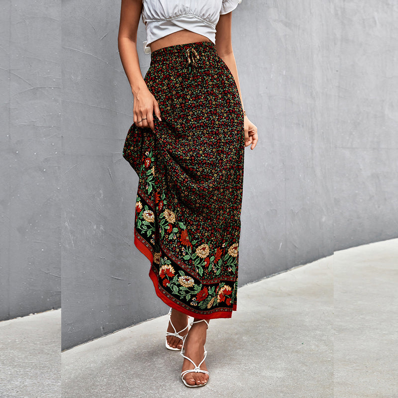 European And American Spring And Summer High Waist Floral Long Skirt