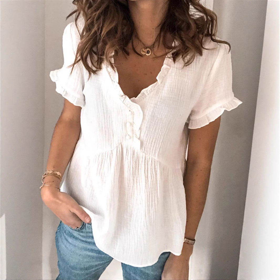 Women's Casual Loose Solid-color Patchwork Short-sleeve Shirt Top
