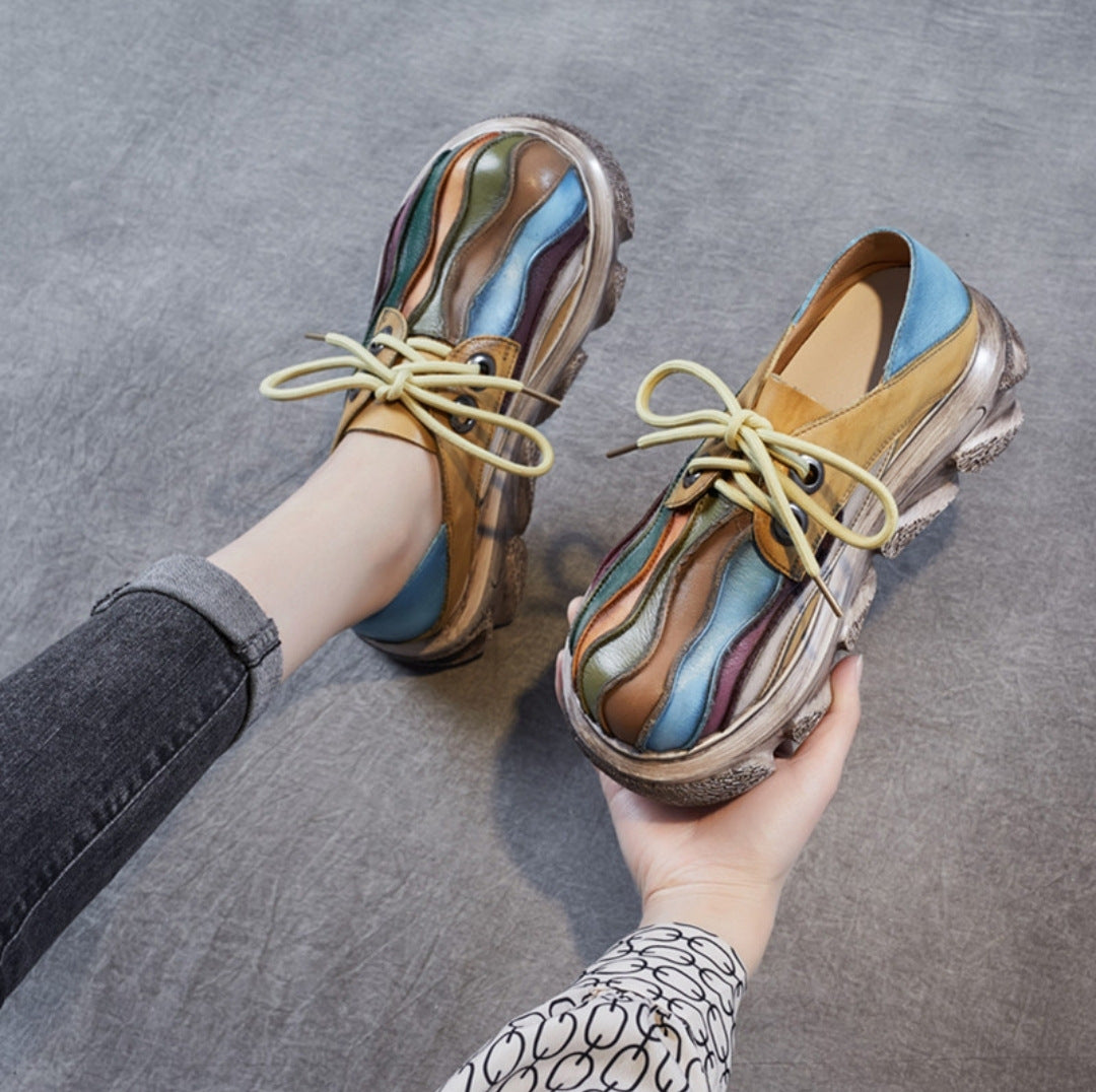 Women's Retro Color-block Rainbow Lace-up Shoes