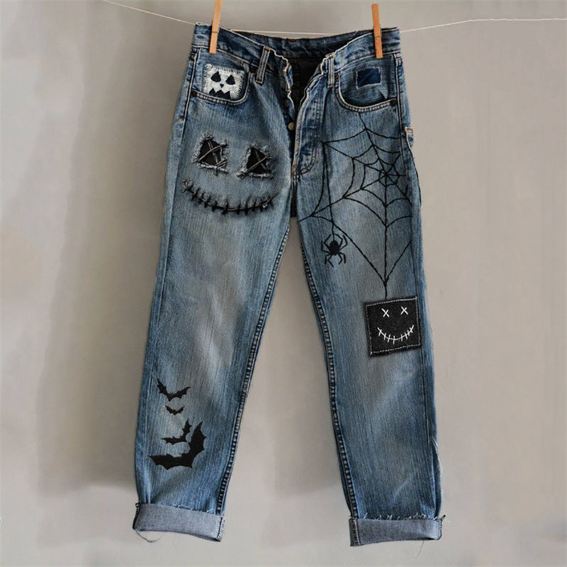 New 3D Heat-transfer Printed Flared Jeans-style Trousers In Faux Denim