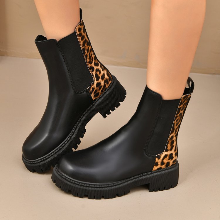 Round-toe Chunky-heel Patchwork Casual All-matching Boots