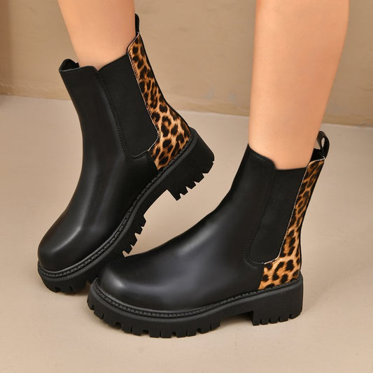 Round-toe Chunky-heel Patchwork Casual All-matching Boots