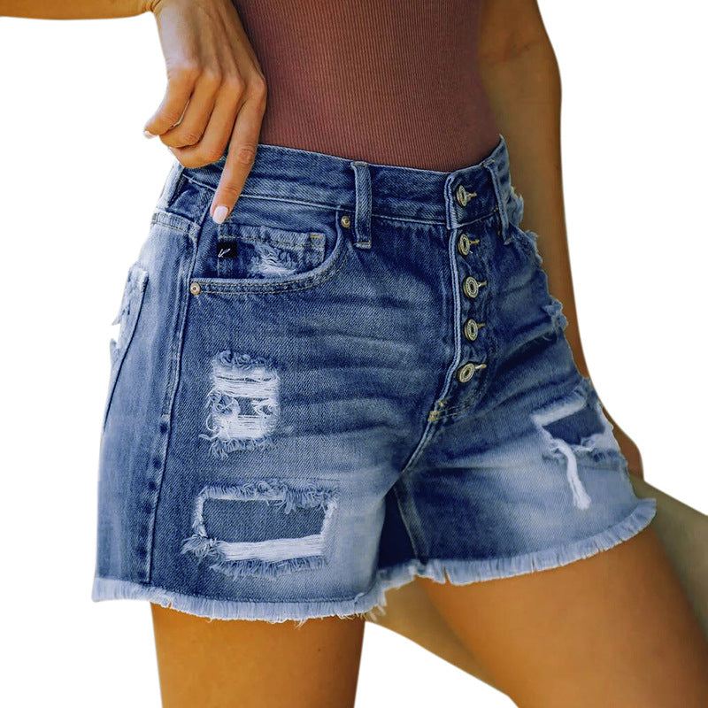 Amazon Explosive Hole Flow Patch Ladies High Stretch Denim Shorts