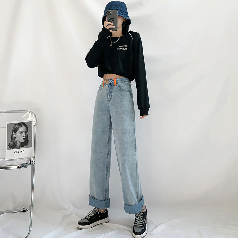 High-waisted Straight-leg Loose-fitting Elasticated Back Waist Denim Wide-leg Pants