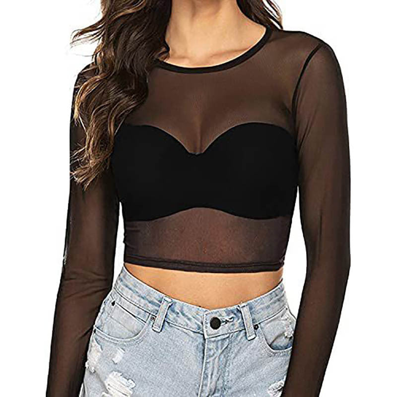Enkel Og Sexet Slim-fit Gennemsigtig Stram Langærmet Mesh Top Til Kvinder