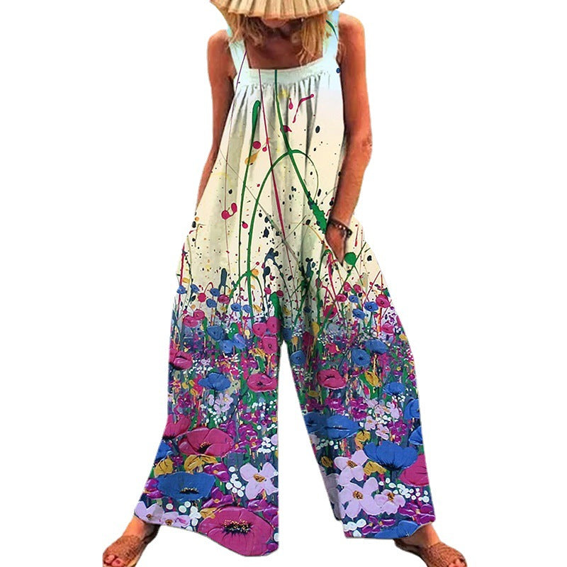 Women's Printed Ladies Bib Wide-Leg Jumpsuit