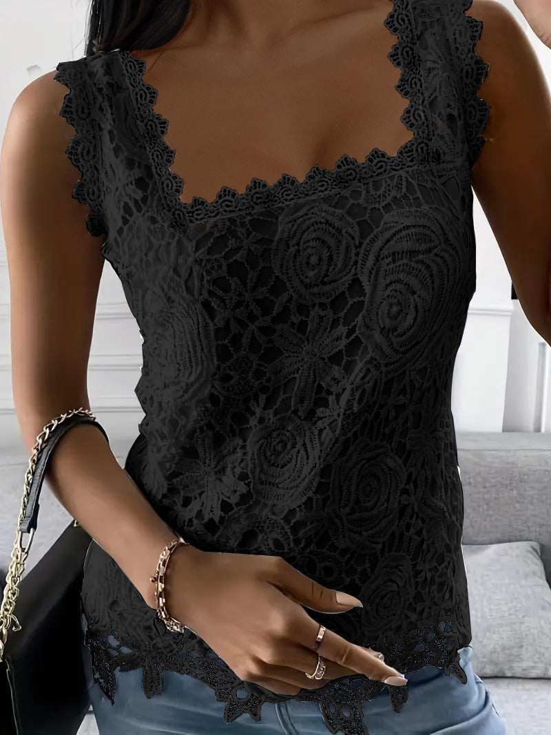 Summer New Square Collar Lace Sleeveless Vest Short Sleeve