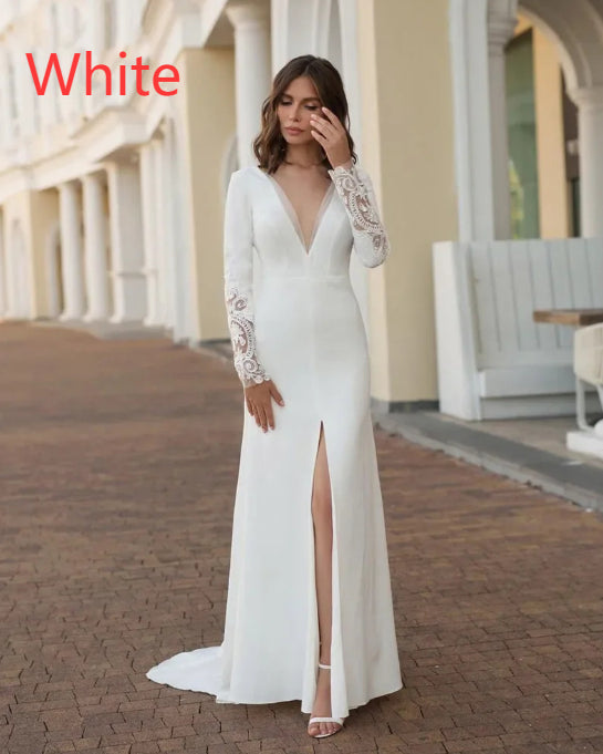 Deep V-neck High-slit Form-fitting Long-sleeve Wedding Gown