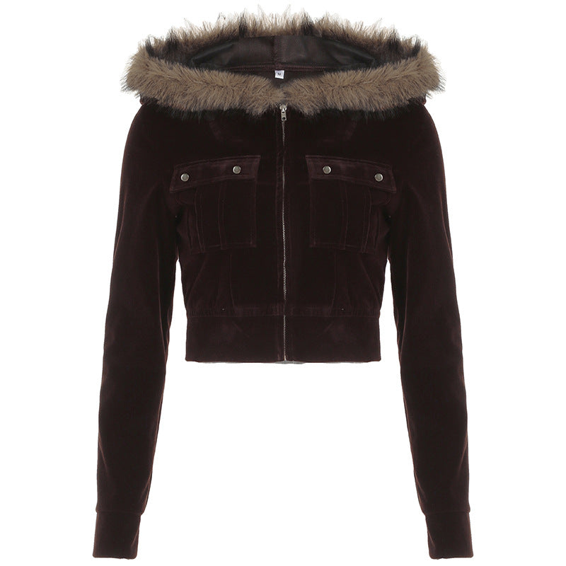 Women's Fur Stitching Hooded Letters Embroidered Short Jacket