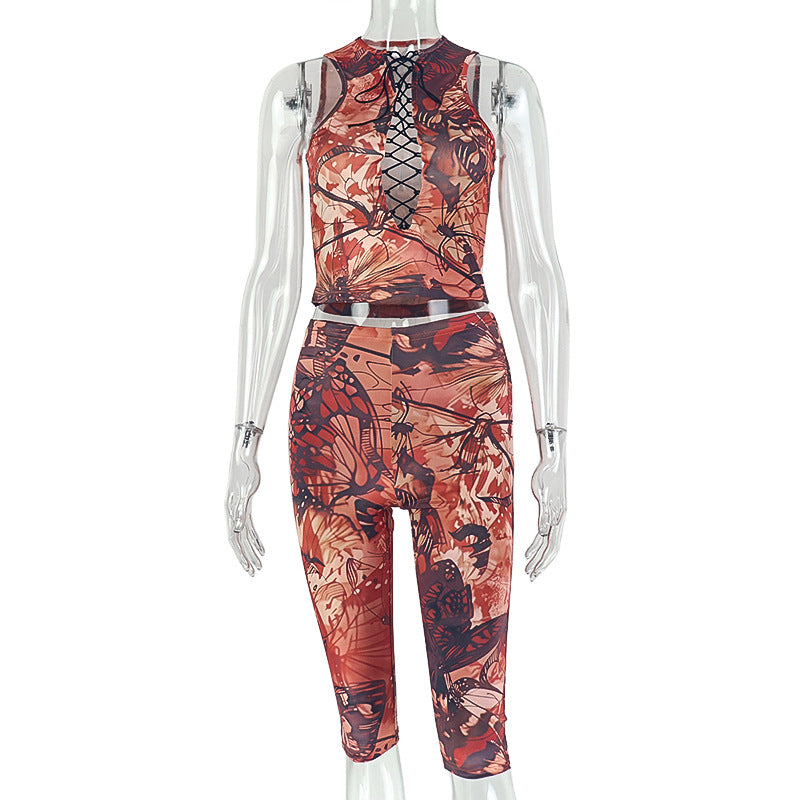 Retro Printed Womens Elegant Sleeveless Pantsuit