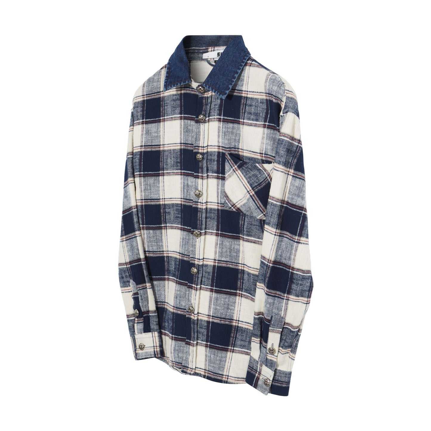 Men's Vintage Cross Button Denim Spliced Plaid Blouse Coat