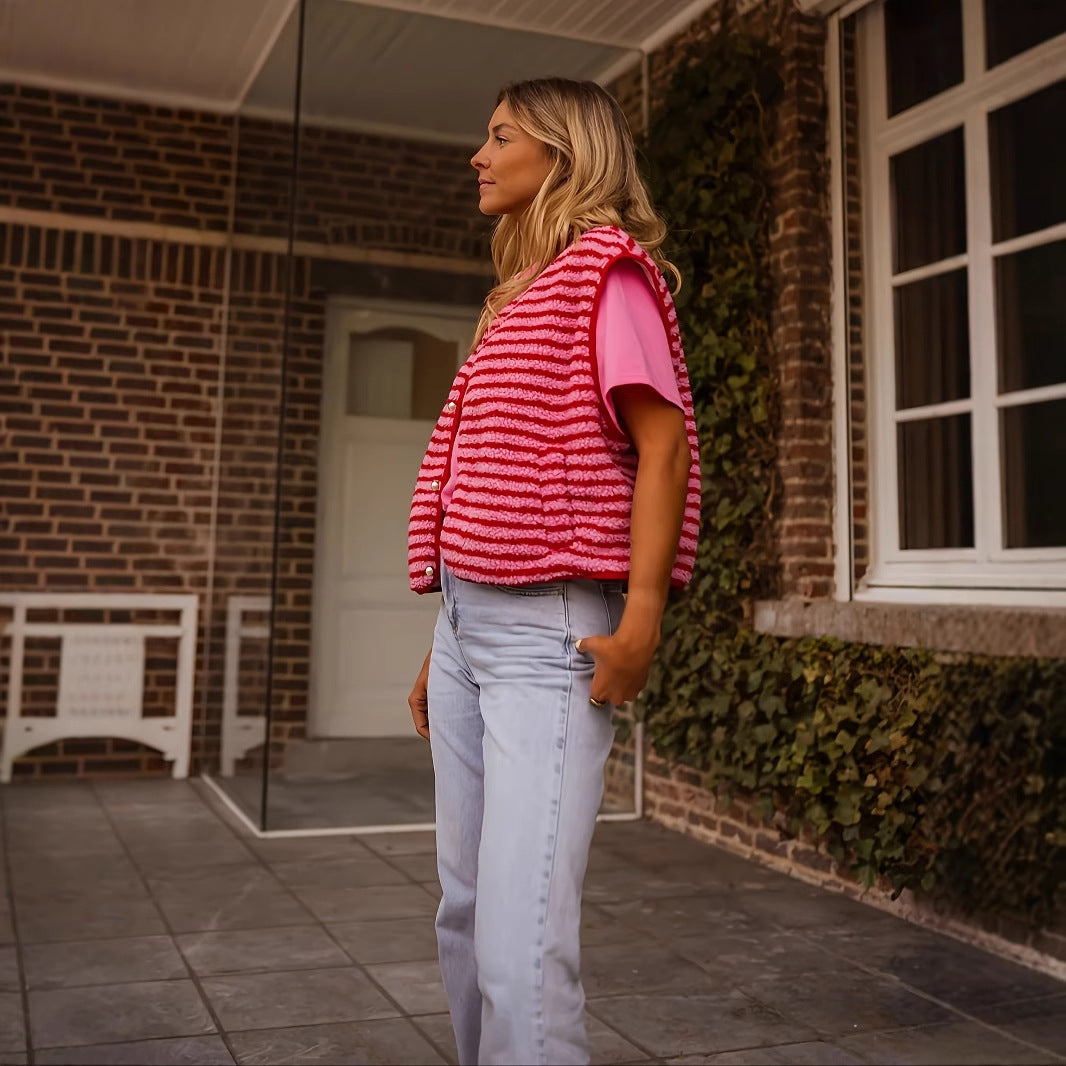 Button Cardigan Striped Vest Coat