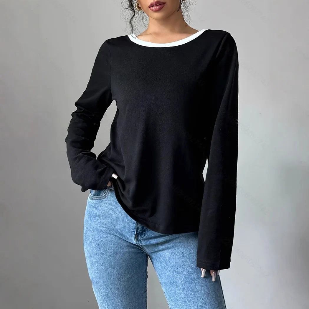 Trendy T-shirt med rund hals, to dele, Illusionknit, lange ærmer, baselayer-top, crew neck design til kvinder