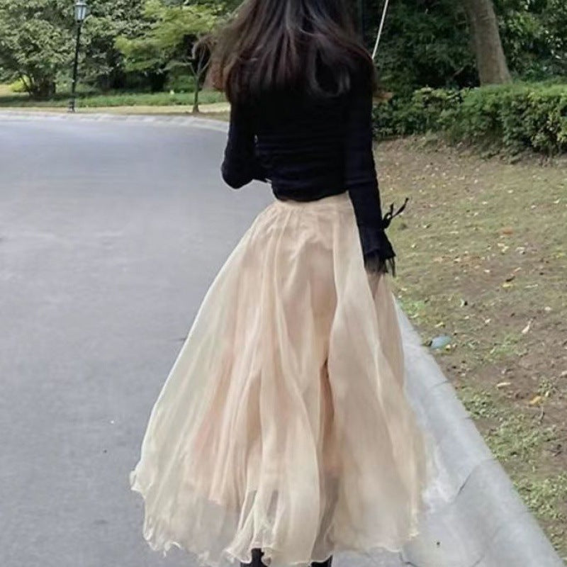 Oversized Wave Edge Gold Silk Chiffon Sparkling Pearl Skirt