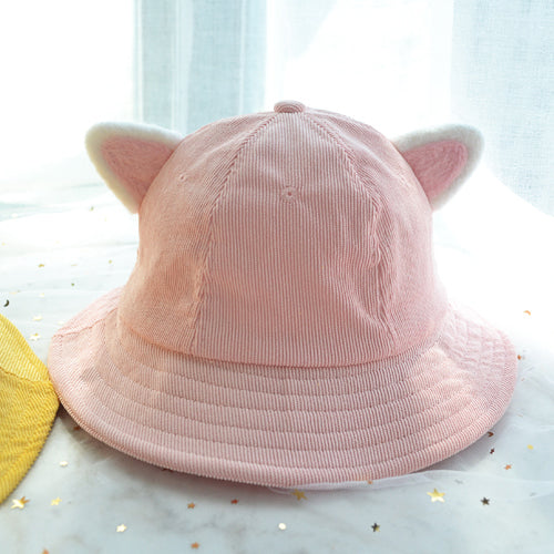 Ears Cute Sweet Soft Girl Corduroy Basin Hat