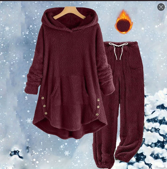 New AutumnWinter European And American-style Casual Womens Solid-color Plush Hooded Long-sleeve Pants