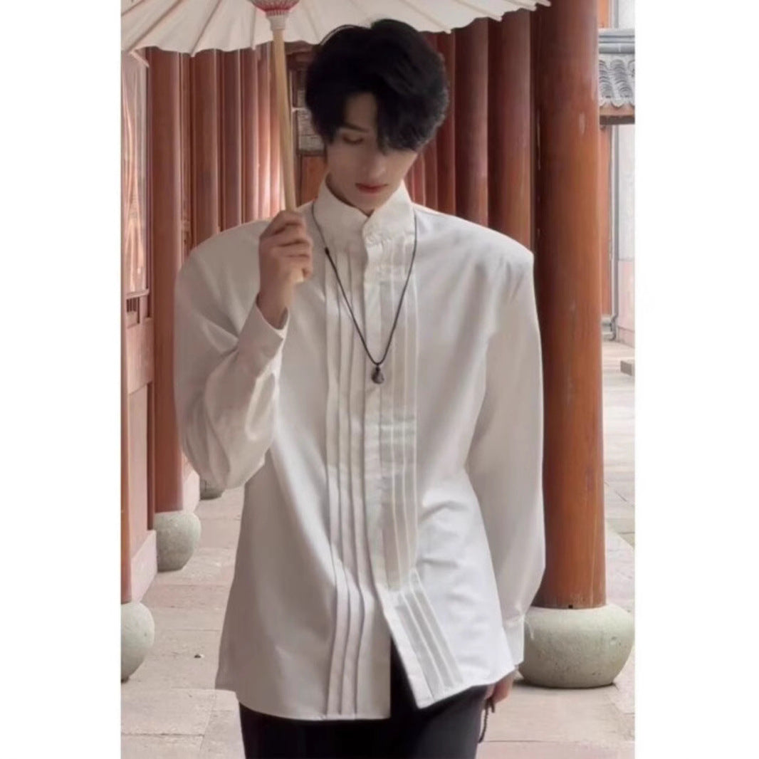 Mens New Chinese-Style Stand Collar White Shirt With A Sophisticated High-End National Style