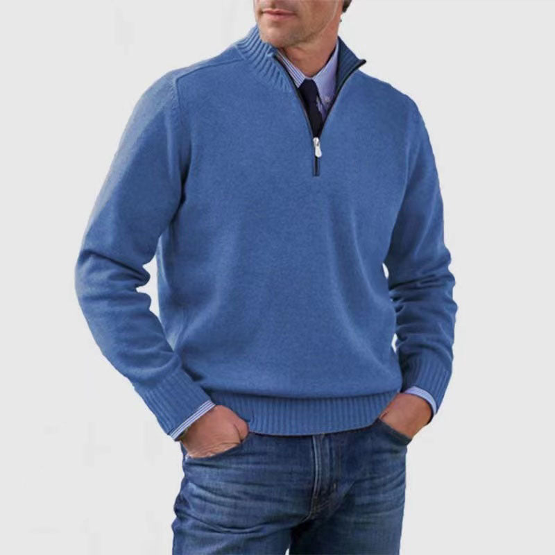 Sweater til mænd med lynlås og opretstående krave Vintermode Ensfarvet Strikket Langærmet Top Tøj