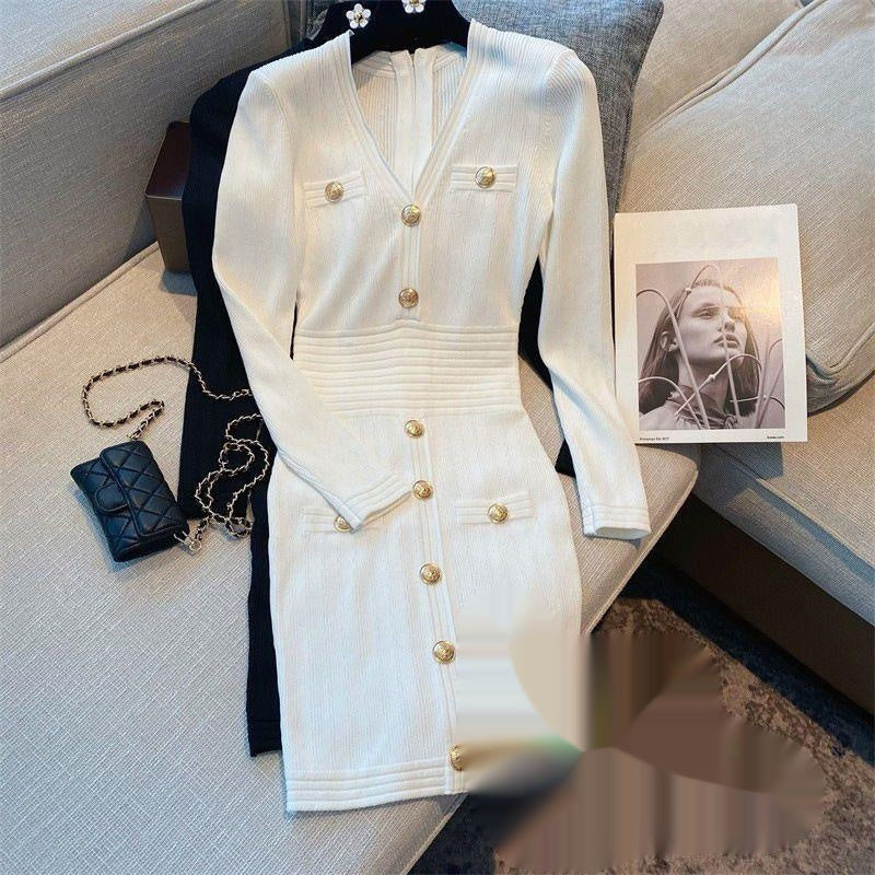 Female Solid Color Loose Fit Vneck Zipup Knit Dress