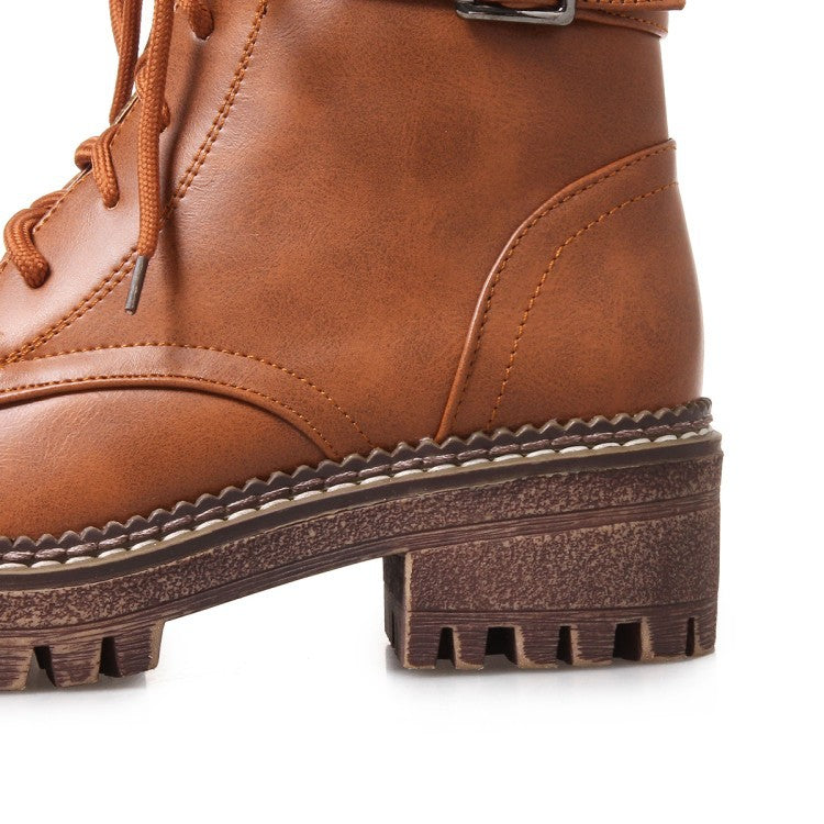 British style retro lace-up short boots female belt buckle
