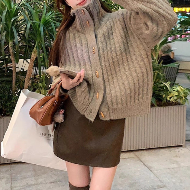 Retro Soft Design Horn Button Turtleneck Sweater