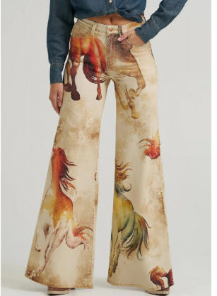 printed Retro Sunflower Guitar Art-style Womens Wide-leg Flared Denim Jeans 3D