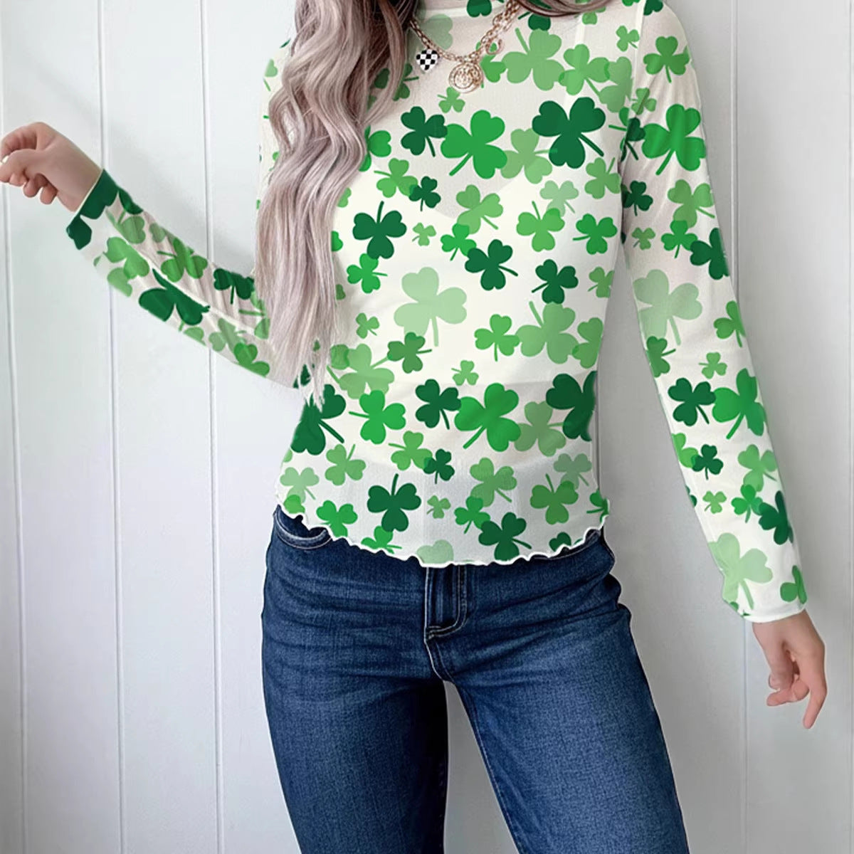 Fashionable Slim-fit Top With A Clover Print For Women