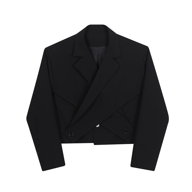 Men's Short Asymmetrical Cross-Collar Blazer With Patchwork Design