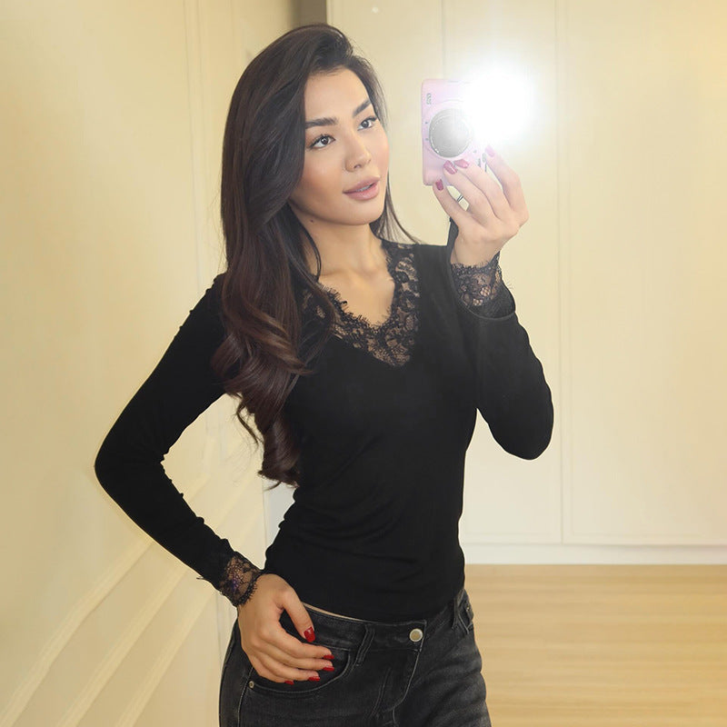 Womens New FallWinter Sexy V-Neck Lace Long-Sleeve Top