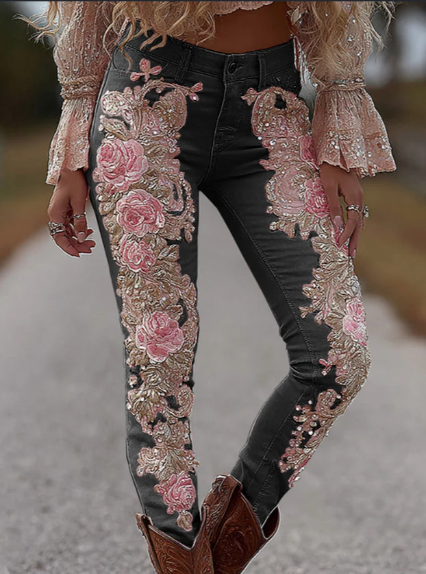 Womens Colorful Floral Faux Denim Pants
