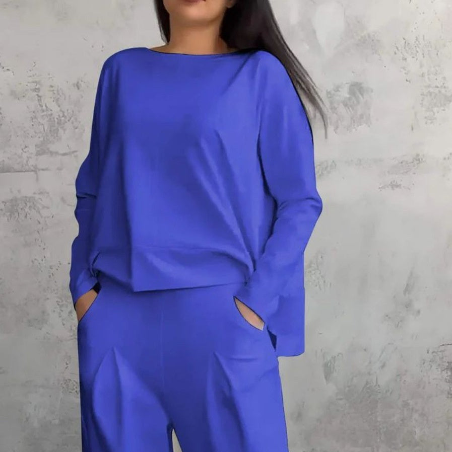 Women's Solid Color Casual Tappered Round Neck Long Sleeve Two Pieces
