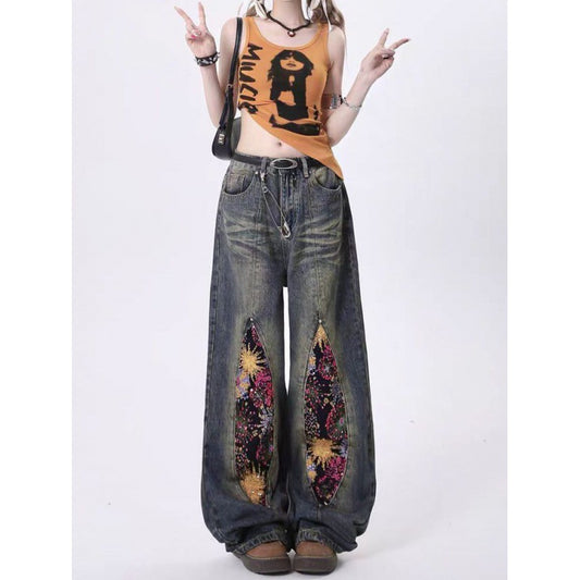 High Street Heavy Industry Fireworks Sequin Stitching Jeans Summer New