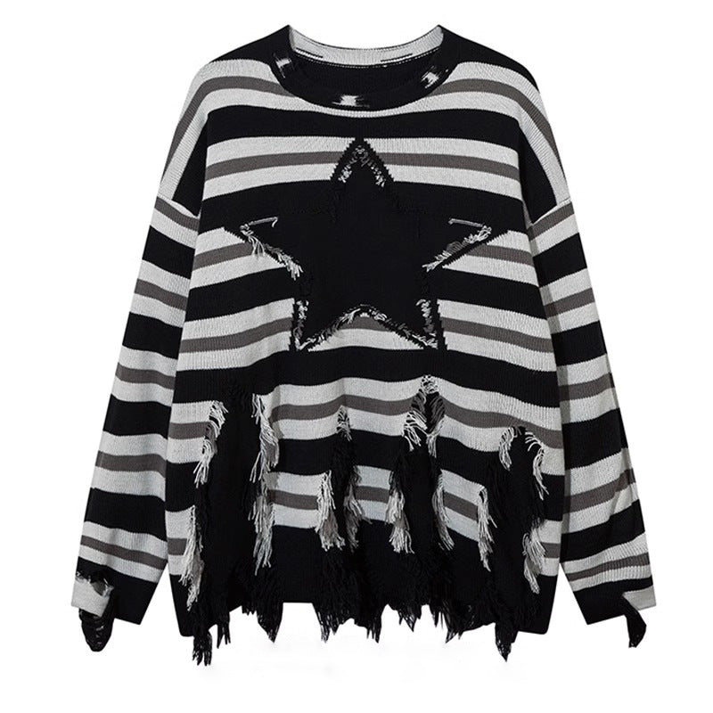 Pu Shuai Stitching Contrast Color Long Sleeves Round Neck Sweater
