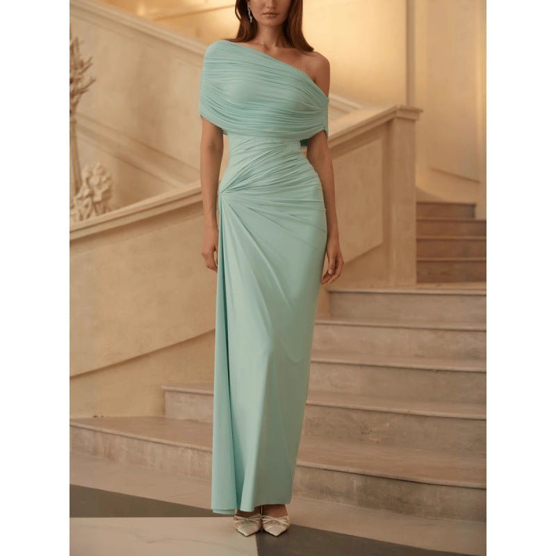 New European And American Womens Fashion Dress Slim-Fit Pleated Off-Shoulder Maxi Gown