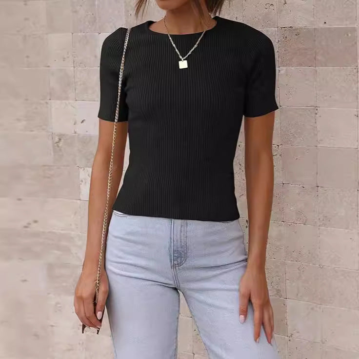 Top Hot Girl Autumn Short Sleeve Slim Round Neck Rib Milk Silk T-shirt For Women