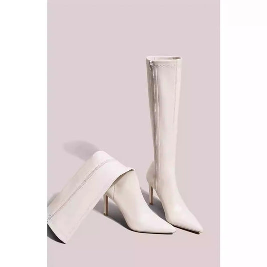 Womens Solid Color Casual White Pointedtoe Overtheknee Boots