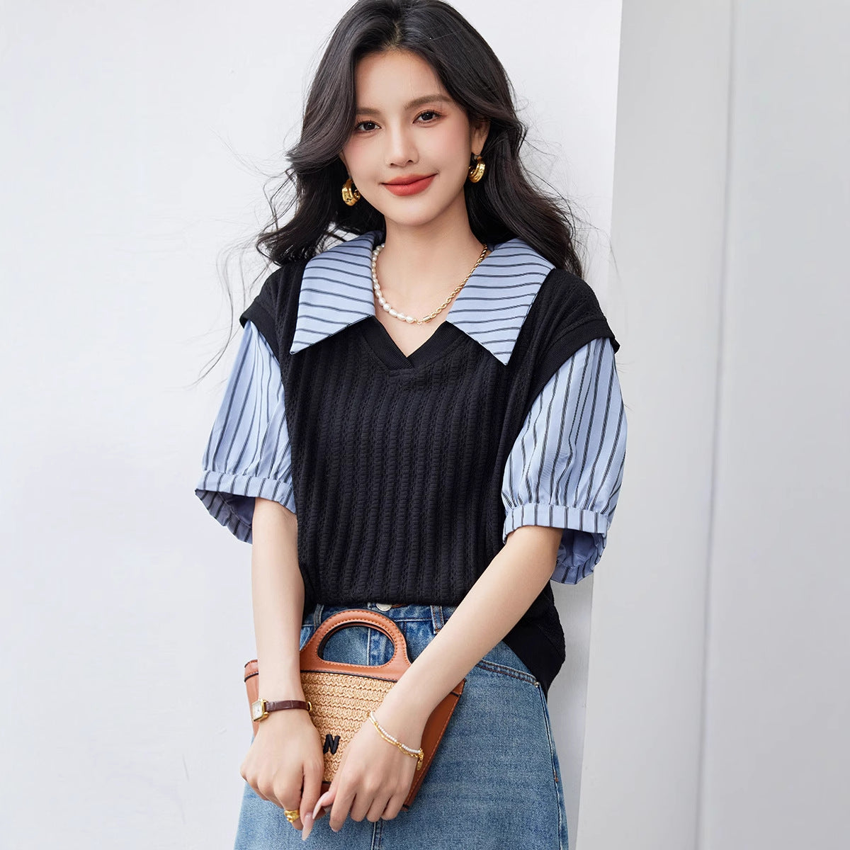 Slimming False Two-piece Women's French Puff Short Sleeve Striped Top